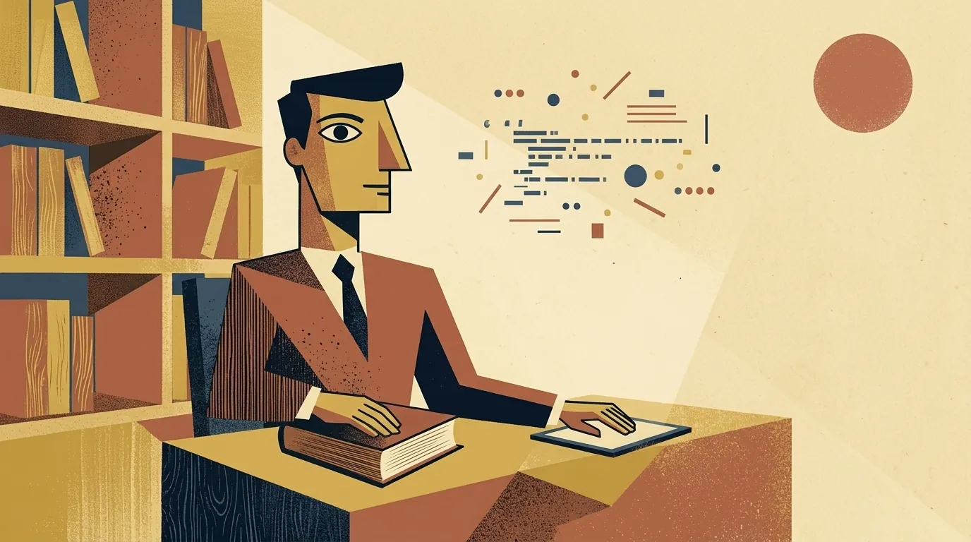 Ilustración editorial cubista mid-century: abogado geometrizado en escritorio con libro tradicional y panel digital, una mano sobre cada uno; estanterías de libros al fondo y símbolos abstractos de IA flotando como puntos y líneas