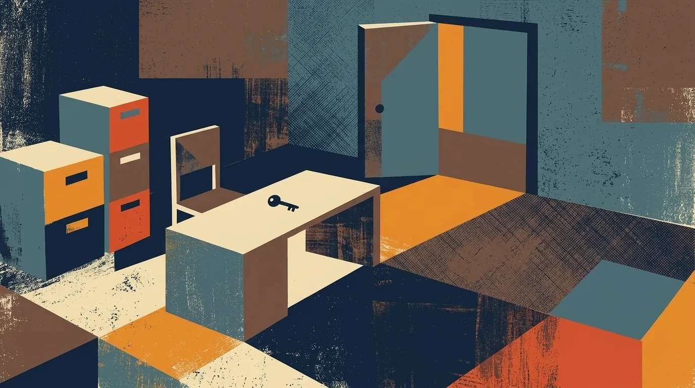 Ilustración editorial cubista mid-century: despacho desocupado con llave geométrica sobre la mesa, archivadores apilados a un lado, puerta entreabierta al fondo; sombra alargada de la llave proyectada en oblicuo