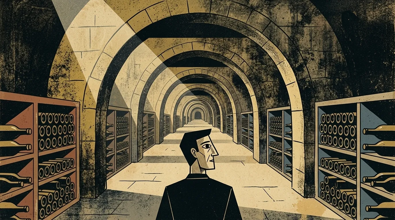 Ilustración editorial cubista mid-century: bodega subterránea con arcos repetidos en perspectiva, figura geometrizada al frente contemplando la profundidad del corredor; botellas como zigzags geométricos a ambos lados