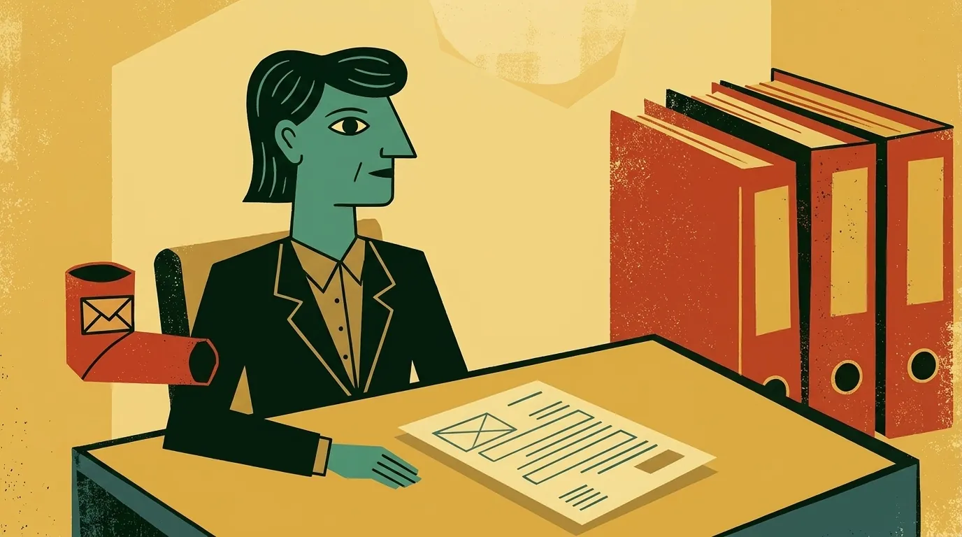 Ilustración editorial cubista mid-century: administrador de pyme detrás de un escritorio con un documento oficial desplegado, archivadores rojos al fondo, canal de denuncias estilizado como tubo postal a un lado