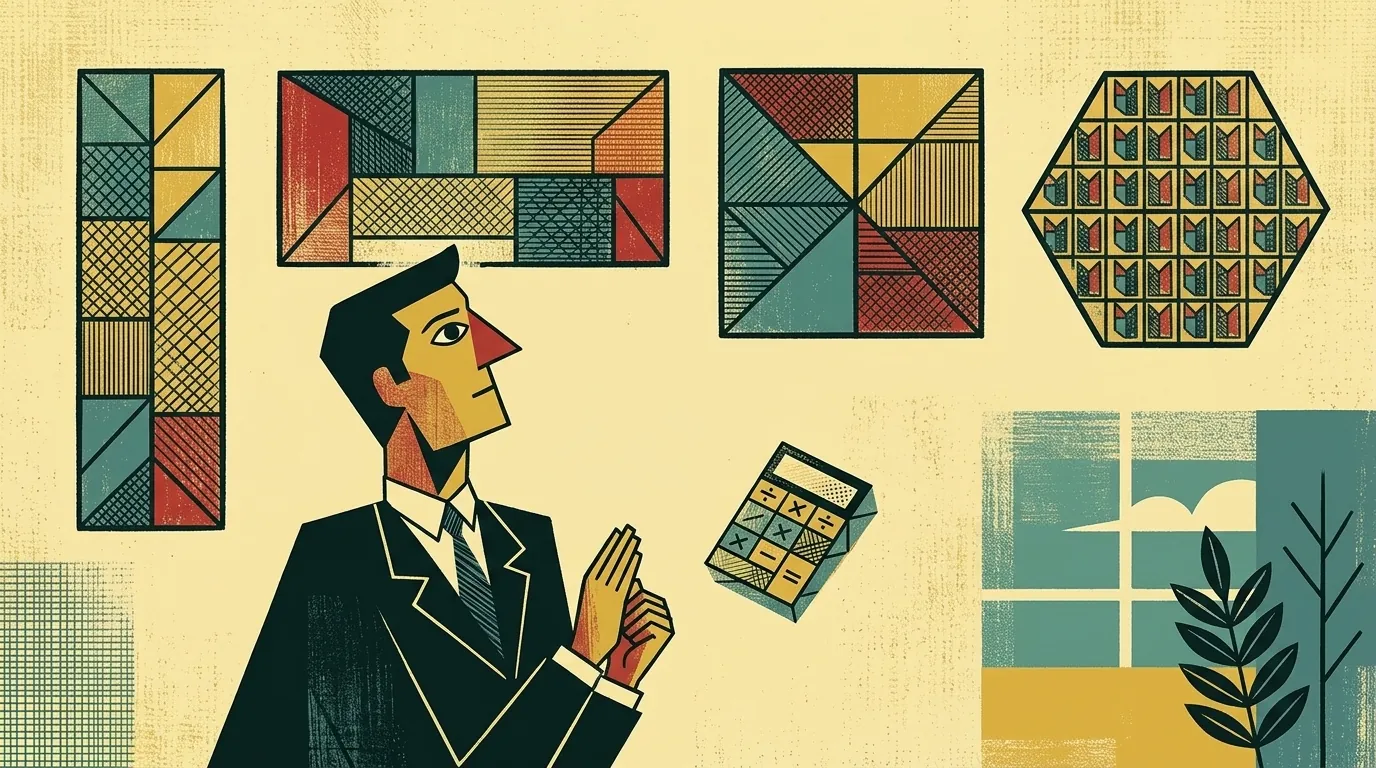 Ilustración editorial cubista mid-century: fundador frente a una pared con cuatro formas geométricas distintas que representan autónomo, SL, SA y cooperativa; calculadora fragmentada flotando al lado
