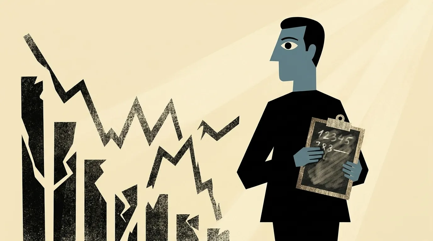 Ilustración editorial cubista mid-century: figura geometrizada examinando con calma un gráfico de barras fragmentadas en zigzag descendente, sosteniendo un clipboard con cifras parcialmente borradas