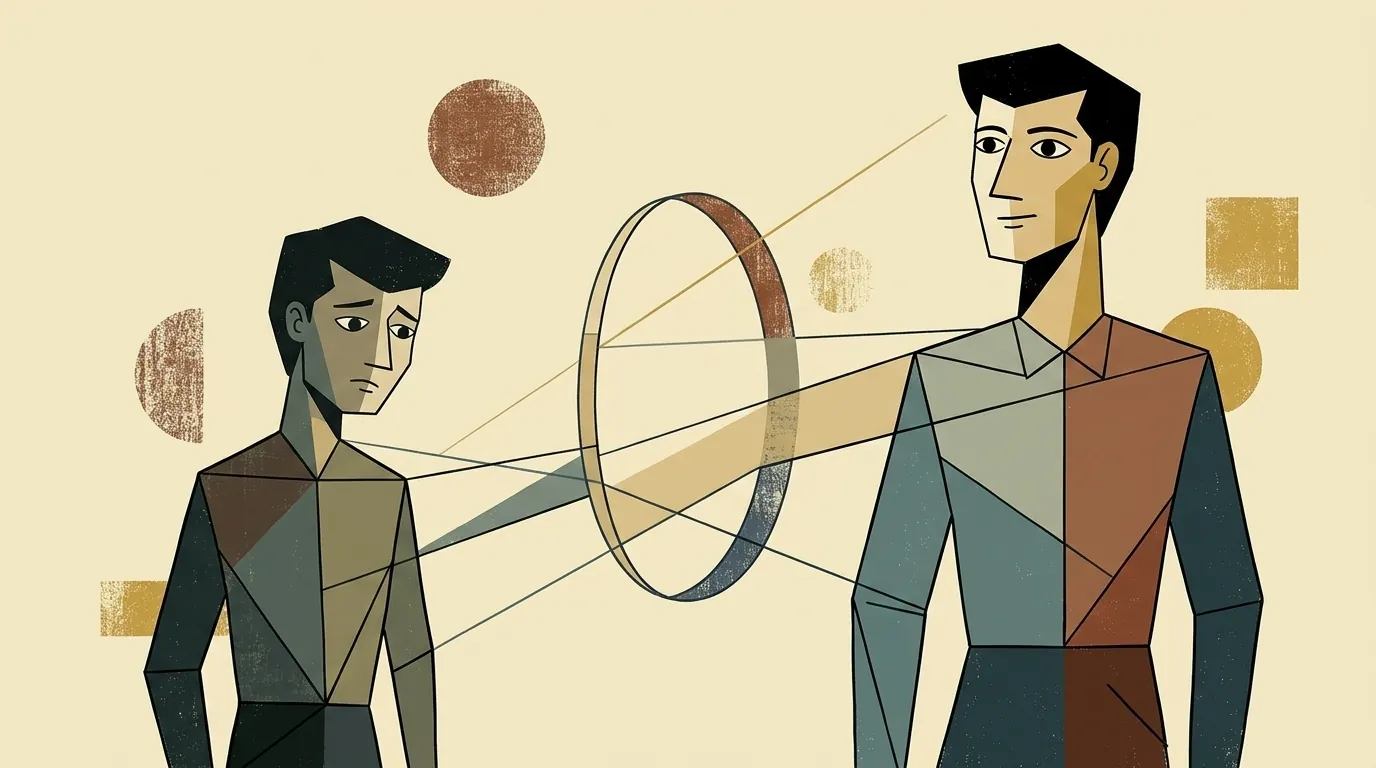 Ilustración editorial cubista mid-century: misma persona representada en dos momentos vitales separados por un portal geométrico circular; figura izquierda en tonos apagados, figura derecha más erguida en tonos cálidos