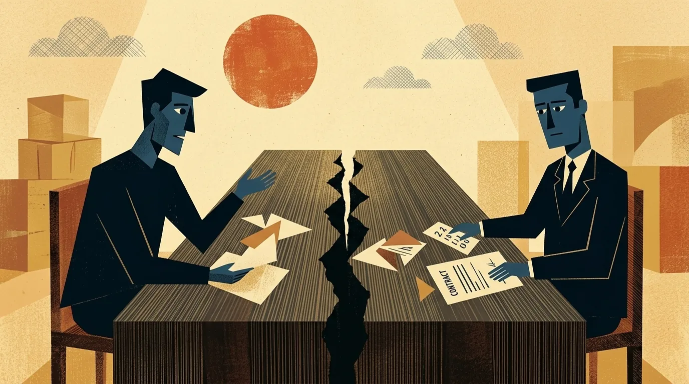 Ilustración editorial cubista mid-century: vendedor y comprador en silueta cubista frente a frente con una mesa que se quiebra por una fisura zigzag central; papeles fragmentados que no llegan a cruzar la grieta; sol disco terracota arriba