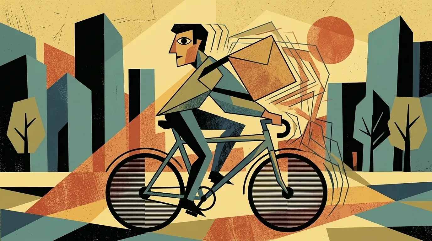 Ilustración editorial cubista mid-century: rider geometrizado mid-motion en bicicleta con caja de delivery, atravesando un bloque urbano cubista al fondo, líneas angulares de velocidad y sol disco terracota arriba