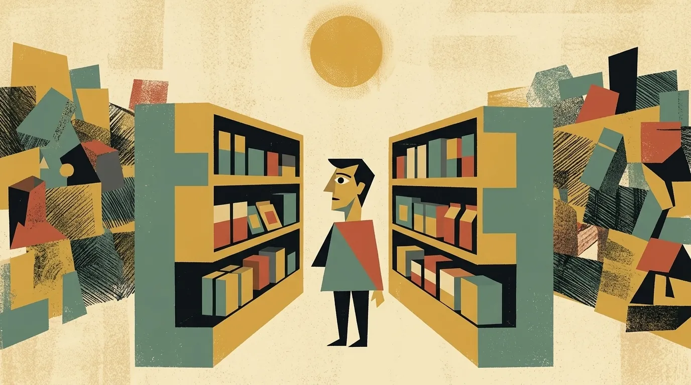 Ilustración editorial cubista mid-century: cliente cubista entre dos estanterías ordenadas de surtido reducido, masa abigarrada de productos a ambos lados que recede en texturas distress; sol disco arriba al centro