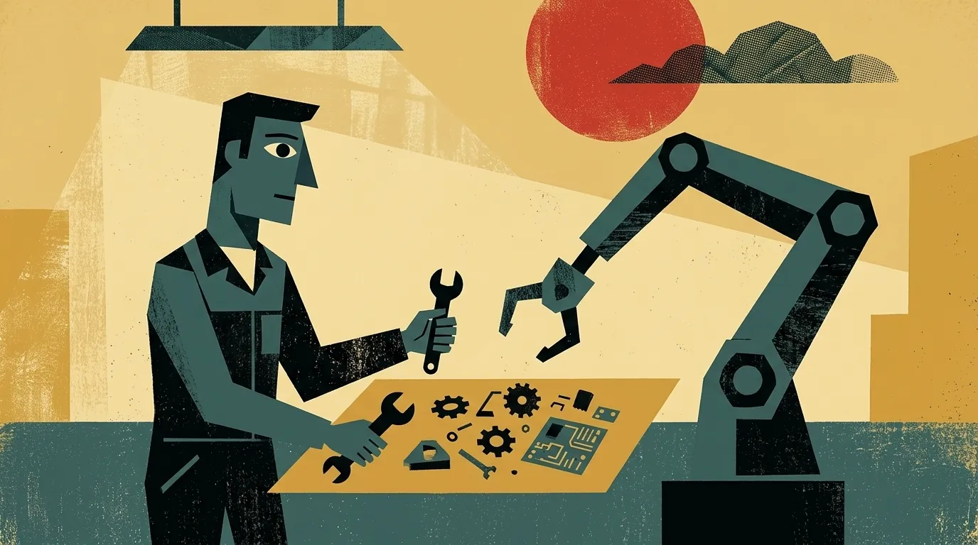 Ilustración editorial cubista mid-century: trabajador humano y brazo robótico colaborando en banco de trabajo industrial con piezas geométricas, sol disco terracota al fondo y arquitectura de taller en planos cubistas