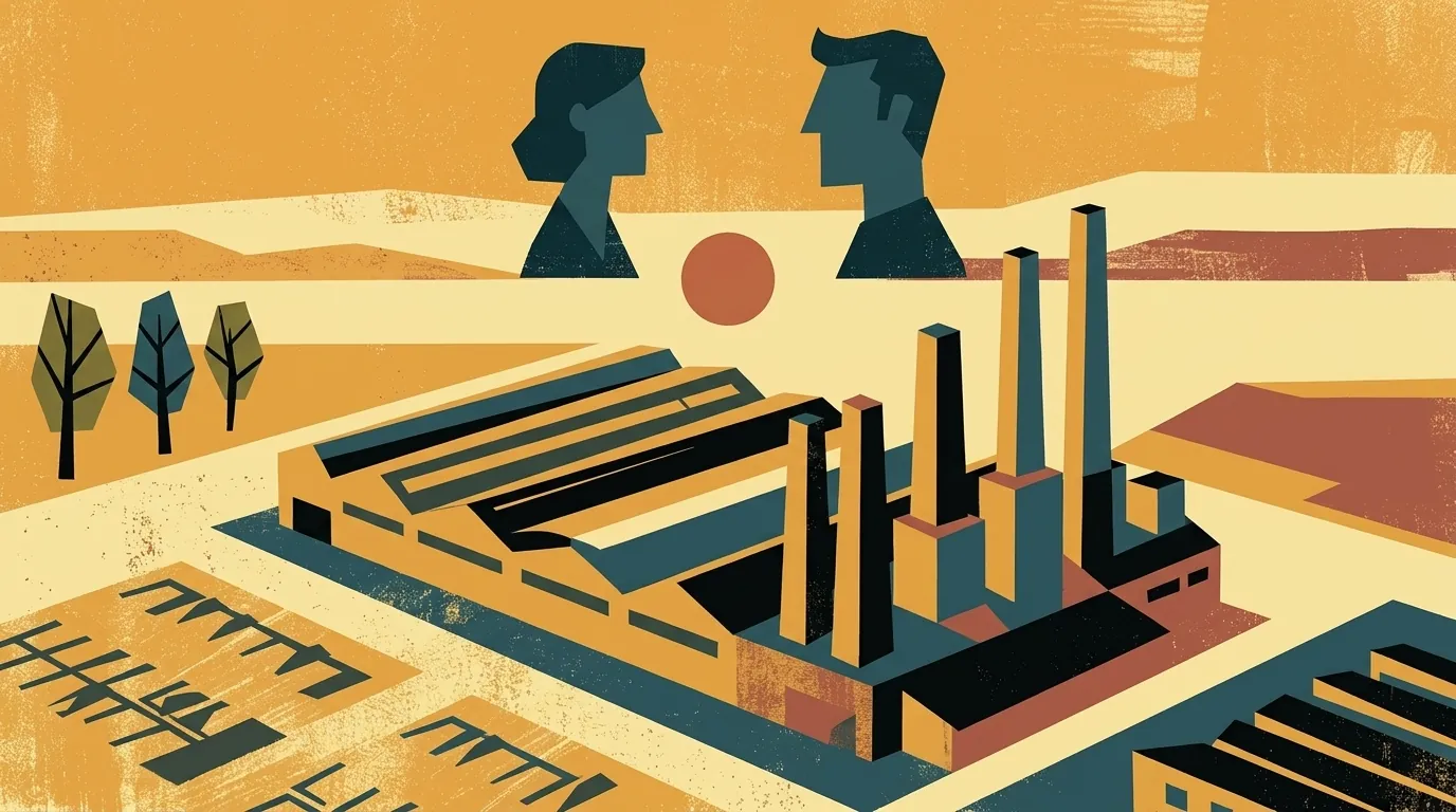 Ilustración editorial cubista mid-century: vista aérea cubista de planta industrial española con almacenes, chimeneas verticales y aparcamiento; dos figuras geometrizadas frente a frente al horizonte; sol disco terracota entre ellas