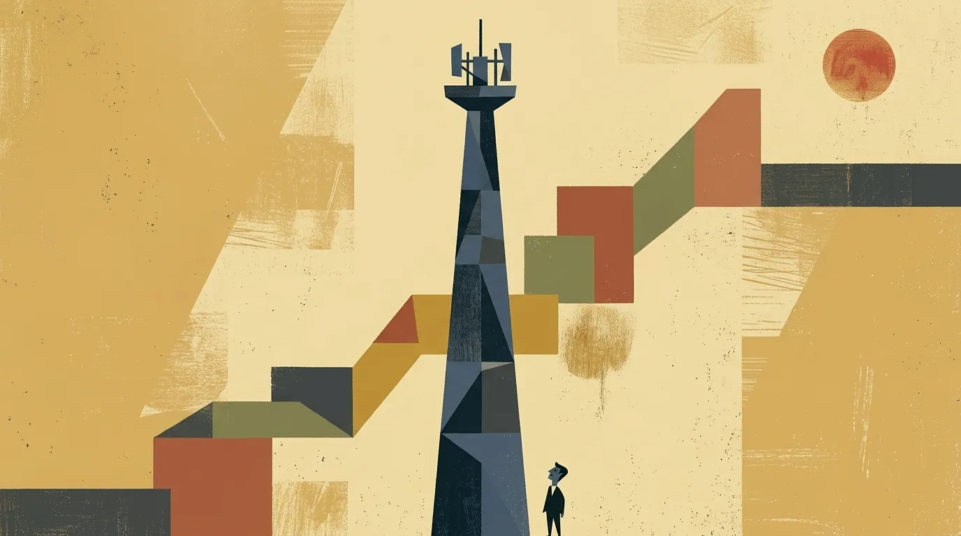 Ilustración editorial cubista mid-century: torre de telecomunicaciones cubista vertical en el centro, escalera de bloques angulares ascendentes detrás como gráfico bursátil; figura geometrizada al pie mirando hacia arriba