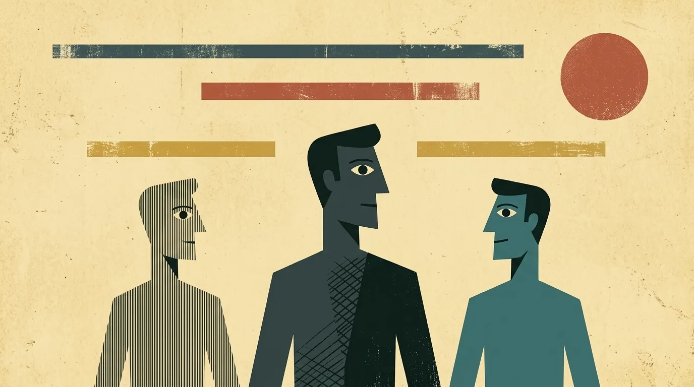 Ilustración editorial cubista mid-century: tres figuras geometrizadas en hilera horizontal representando los tres planos de gobernanza, barras horizontales en distintos colores arriba como capas, sol disco terracota arriba derecha