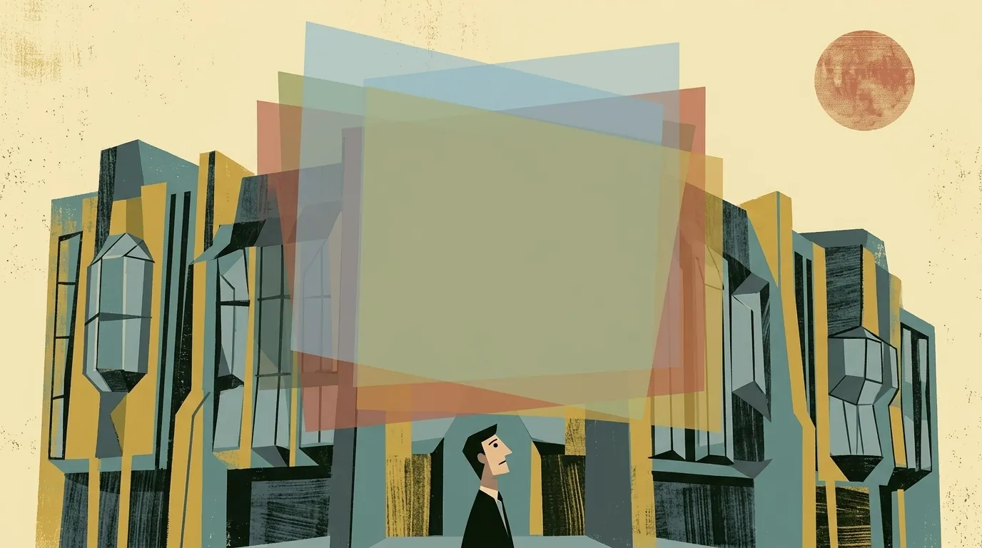 Ilustración editorial cubista mid-century: edificio institucional europeo con detalles cubistas, capas de regulación dibujadas como sheets transparentes superpuestas al frente en distintos tonos; figura geometrizada al pie