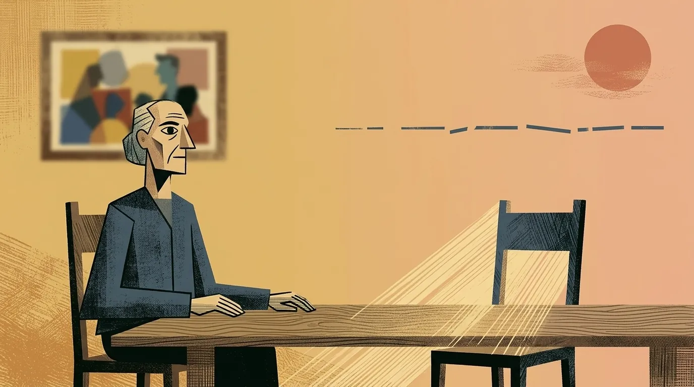 Ilustración editorial cubista mid-century: figura mayor sentada en un lado de una mesa larga, silla vacía en el lado opuesto; retrato familiar borroso al fondo; línea de tiempo fragmentada en el aire; sol disco terracota arriba