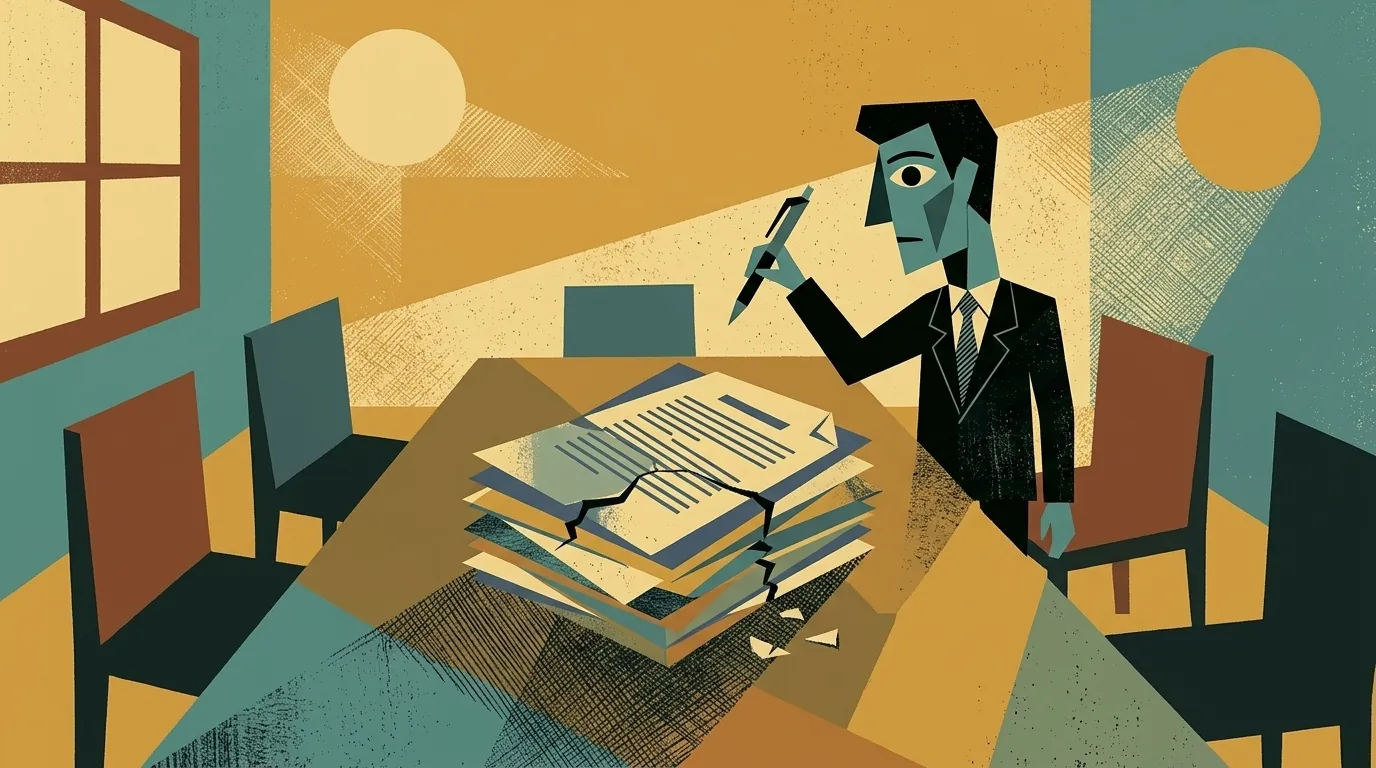 Ilustración editorial cubista mid-century: pila contractual fragmentada en mesa de cierre con grieta visible que la atraviesa; figura geometrizada al lado con pluma suspendida en duda; ventana al fondo con luz oblicua