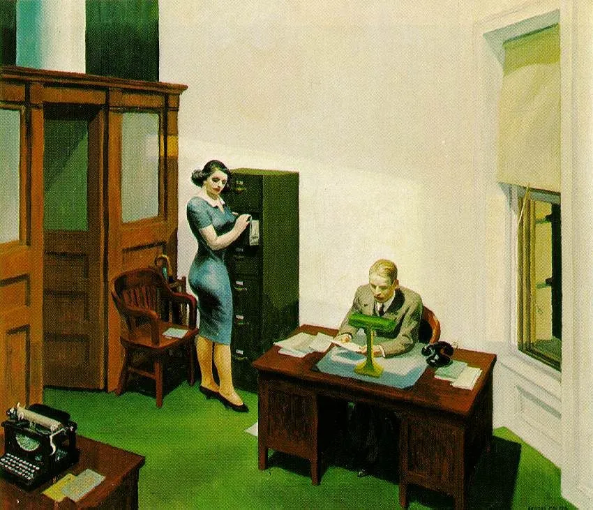 Pintura 'Office at Night' (1940) de Edward Hopper: figuras trabajando en una oficina iluminada por una sola lámpara verde sobre el escritorio en la noche