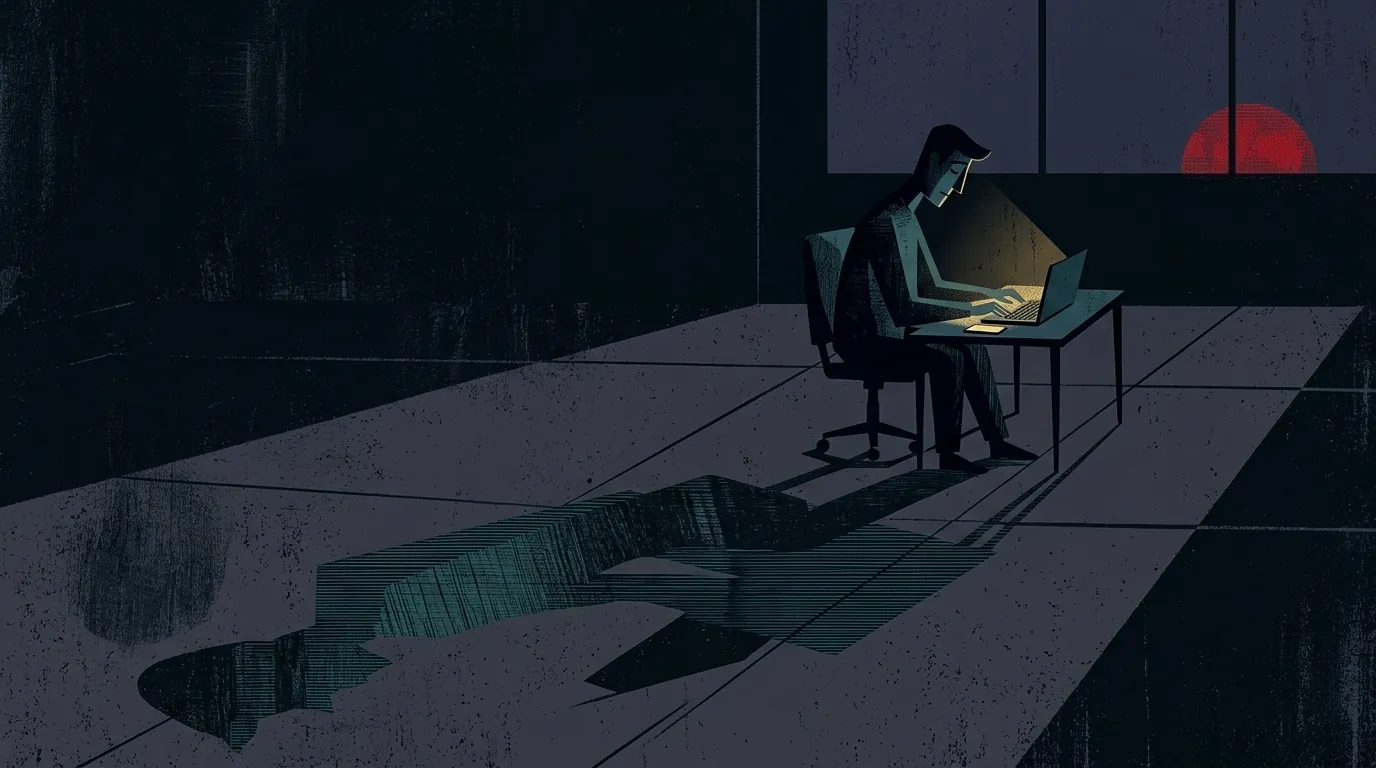 Ilustración editorial cubista mid-century: figura geometrizada solitaria en despacho oscurecido nocturno con pantalla iluminada como único foco, sombra alargada proyectada en el suelo y luna disco terracota distante por la ventana