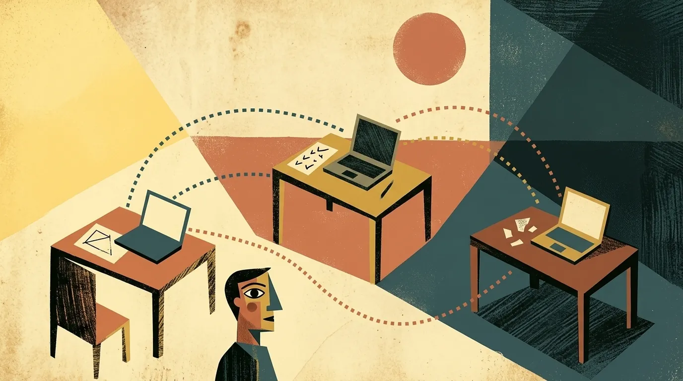 Ilustración editorial cubista mid-century: tres escritorios geométricos con laptop a alturas distintas conectados por líneas punteadas asíncronas, figura coordinadora cubista al frente; cada zona en un tono temporal distinto